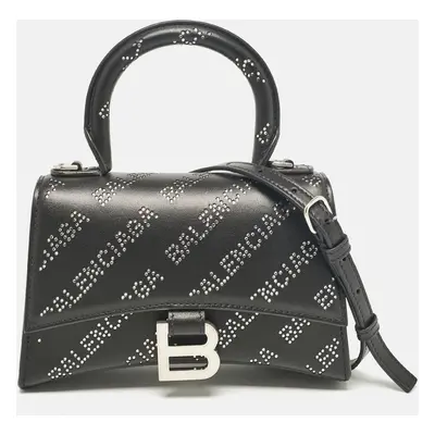 Balenciaga Black Leather Diagonal Logo Crystal Hourglass Top Handle Bag