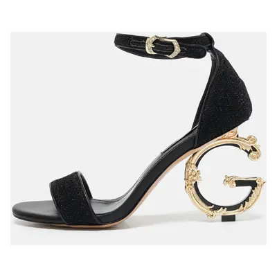 Dolce & Gabbana Black Leather and Lurex Keira DG Baroque Sandals Size