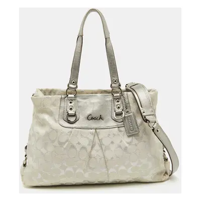 Coach White/Silver Signature Canvas and Leather Ashley Tote