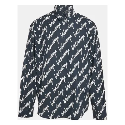 Balenciaga Navy Blue Logo All Over Cotton Long Sleeve Shirt