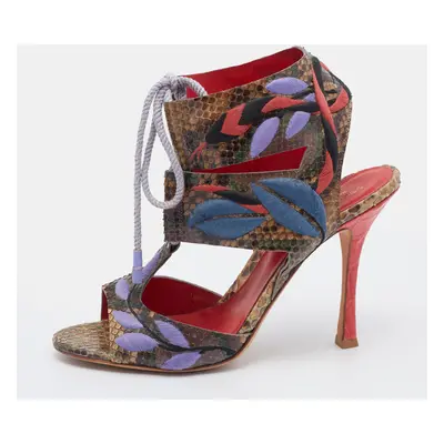 Sergio Rossi Multicolor Embroidered Python Ankle Tie Up Sandals Size