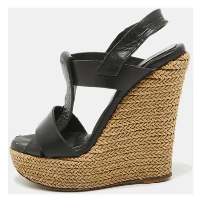 Burberry Black Leather Espadrille Wedge Strappy Sandals Size