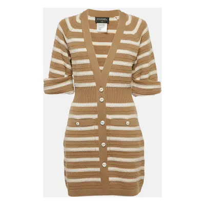 Chanel Beige/Ivory Stripe Cashmere Knit Button Front Mini Sweater Dress