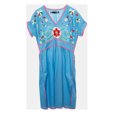 Love Moschino Blue Floral Embroidered Cotton V-Neck Dress