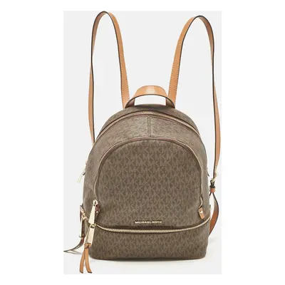 Michael Kors Brown Signature Coated Canvas and Leather Medium Rhea Backpack