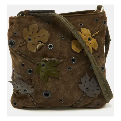 Prada Olive Green Suede Vintage Romantic Leaves Crossbody Bag