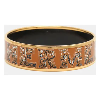 Hermes Brown Alphabet Russe Enamel Gold Plated Wide Bangle Bracelet