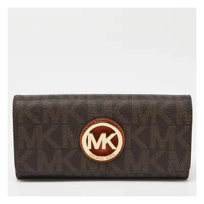 Michael Kors Beige/Brown Signature Coated Canvas Fulton Flap Continental Wallet