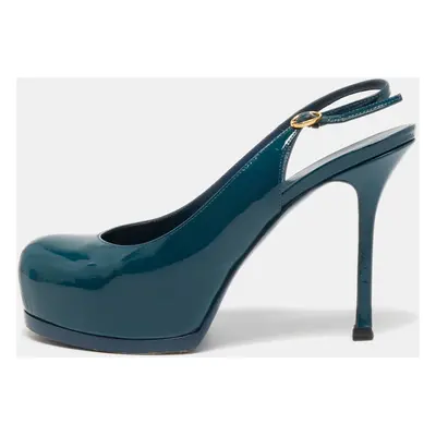 Saint Laurent Teal Patent Leather Tribtoo Slingback Pumps Size