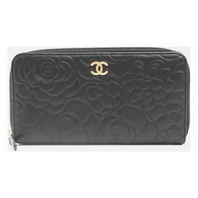 Chanel Black Camellia Lambskin Zip Wallet