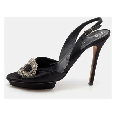 Gina Black Satin Crystal Embellished Slingback Sandals Size