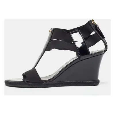 Fendi Black Patent Leather and Elastic T-Strap Wedge Sandals Size 38.5