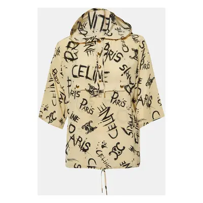 Celine Beige Logo Scribble Print Silk Hooded Blouse