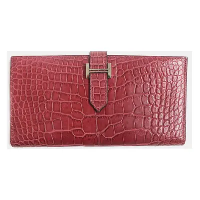 Hermes Bearn Alligator Leather Wallet Rouge Red Leather