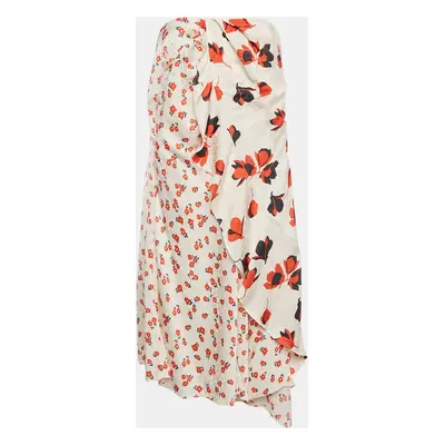 Self-Portrait Cream Floral Print Satin Asymmetric Midi Skirt