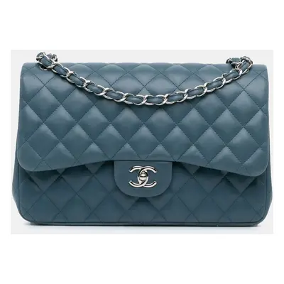 Chanel Blue Leather Jumbo Classic Lambskin Double Flap