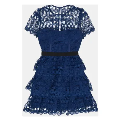 Self-Portrait Navy Blue Guipure Lace Tiered Mini Dress