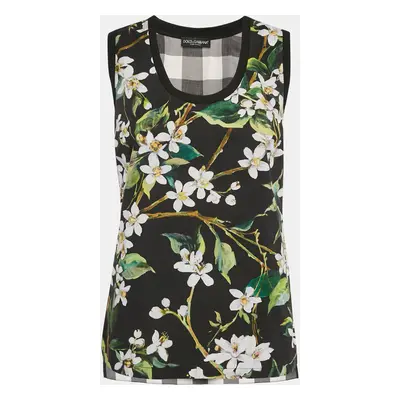 Dolce & Gabbana Black Floral and Checked Print Cotton Sleeveless Top