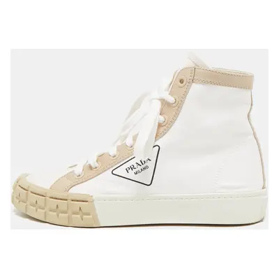 Prada White/Beige Canvas Gabardine High Top Sneakers Size