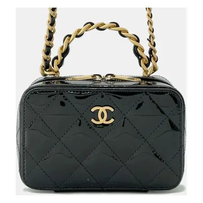 Chanel Patent Calf Leather Black Matelasse Coco Mark Vanity Chain Shoulder Bag