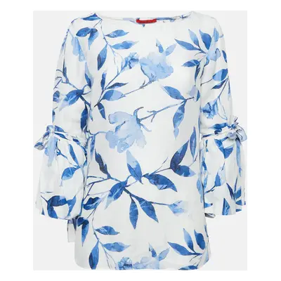 CH Carolina Herrera White Floral Print Flounce Sleeve Top