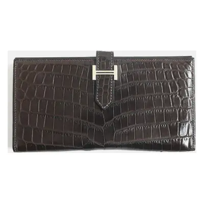 Hermes Bearn Niloticus Crocodile Leather Wallet Brown Leather