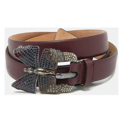 Valentino Burgundy Leather Crystal Embellished Butterfly Buckle Slim Belt