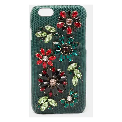 Dolce & Gabbana Green Lizard Embossed Leather Crystal Embellished iPhone Case