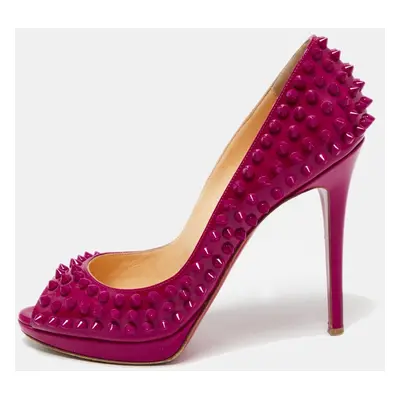 Christian Louboutin Hot Pink Patent Leather Yolanda Spiked Peep-Toe Pumps Size 38.5