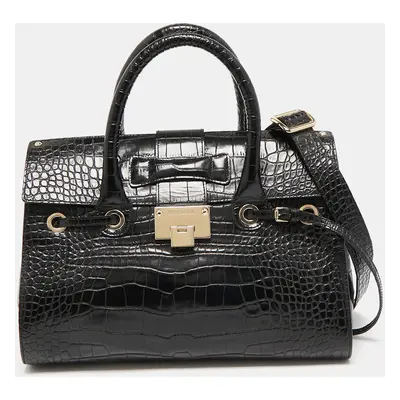 Jimmy Choo Black Croc Embossed Leather Rosalie Top Handle Bag