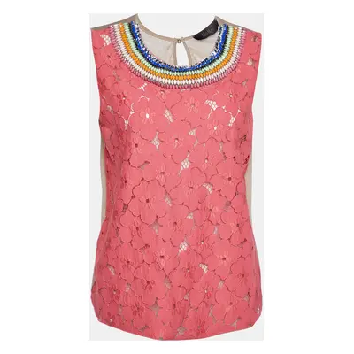 Max Mara Pink Floral Lace & Cotton Knit Embellished Detail Sleeveless Top