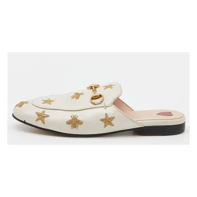 Gucci White Star And Bee Embroidered Leather Princetown Horsebit Flat Mules Size