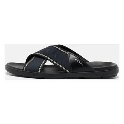 Prada Blue Leather and Canvas Logo Tape Crisscross Slides Size