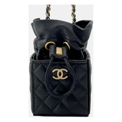 Chanel Black Lambskin Matelasse Mini Drawstring Square Chain Shoulder Bag