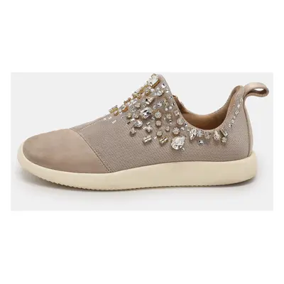 Giuseppe Zanotti Grey/Beige Crystal Embellished Suede And Mesh May London Slip On Sneakers Size