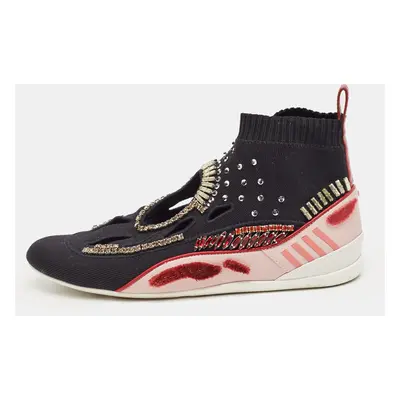 Valentino Black/Pink Knit Fabric High Top Sneakers Size