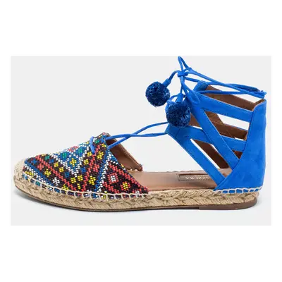 Aquazzura Blue Raffia And Suede Belgravia Lace Up Espadrille Flat Sandals Size