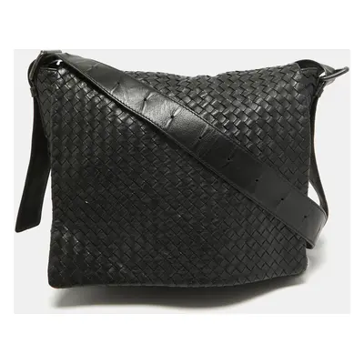 Bottega Veneta Black Intrecciato Leather Flap Messenger Bag