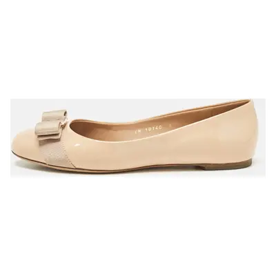 Salvatore Ferragamo Beige Patent Leather Vara Bow Ballet Flats Size 36.5