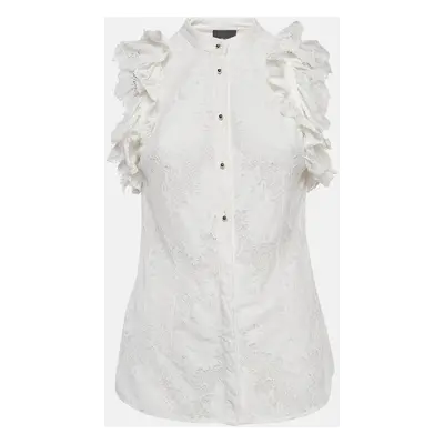 Just Cavalli White Lace Ruffled Sleeveless Shirt