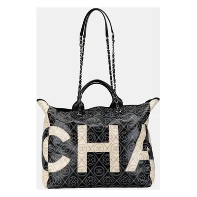 Chanel Black White Leather Camellia Coco Mark Chain Tote Bag