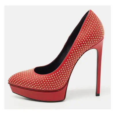 Saint Laurent Red Studded Leather Janis Platform Pumps Size 35.5