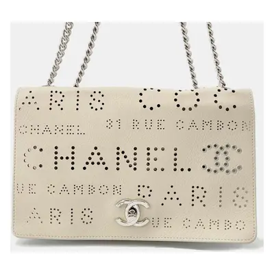 Chanel Beige Leather Perforated Logo Chain shoulder Bag