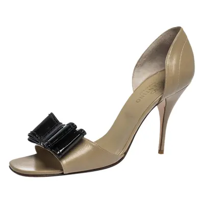 Valentino Beige Leather And Black Patent Bow Embellished D'orsay Open Toe Pumps Size