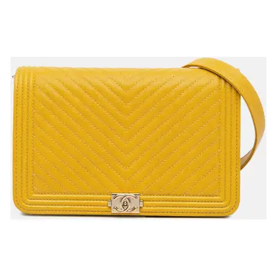 Chanel Yellow Leather Caviar Chevron Le Boy Wallet On Chain