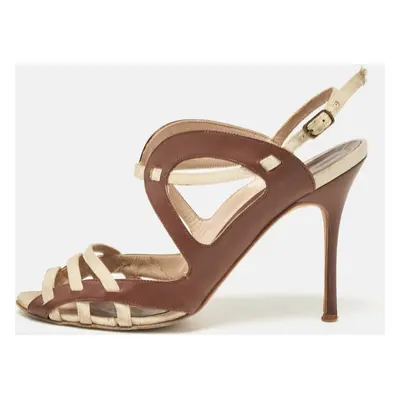 Manolo Blahnik Brown/Beige Canvas and Leather Strappy Slingback Sandals Size 37.5