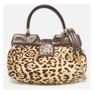 Roberto Cavalli Beige/Brown Leopard Calfhair and Croc Embossed Leather RC Logo Hobo