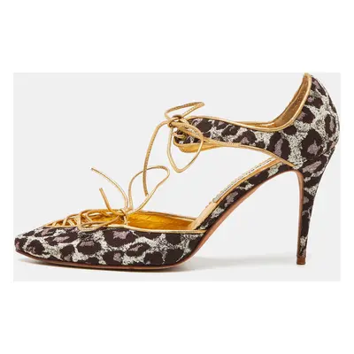 Manolo Blahnik Multicolor Brown/Gold Brocade Fabric and Leather Lace Up Pointed Toe Pumps Size