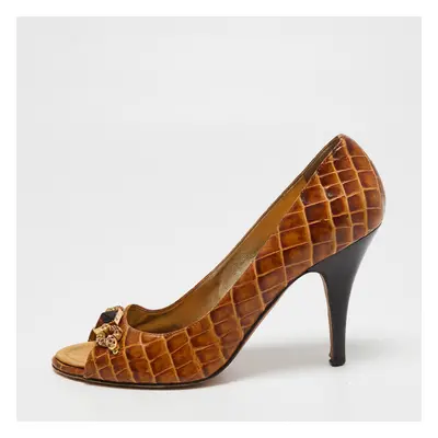 Giuseppe Zanotti Brown Croc Embossed Leather Embellished Open-Toe Pumps Size 39.5