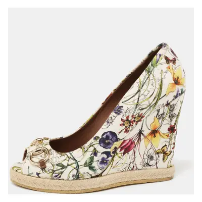 Gucci Multicolor Floral Print Canvas Horsebit Peep Toe Wedge Pumps Size